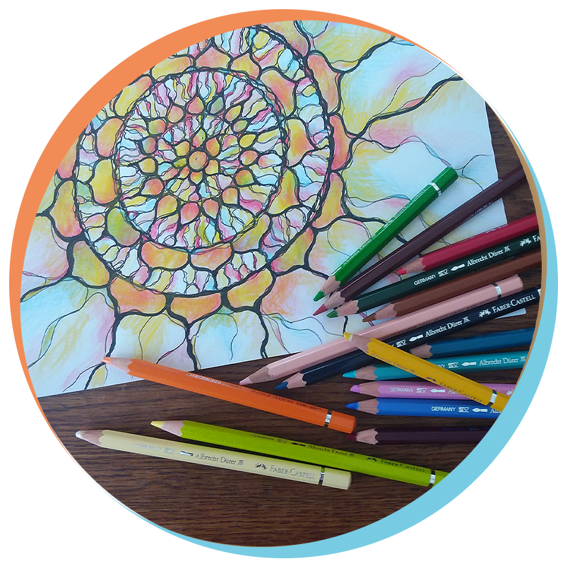 Buntstifte und Zeichnung – Bild für Link Dorothea Graf, Freiraum Lebensgestaltung, Neurographik & Persönlichkeitsentwicklung